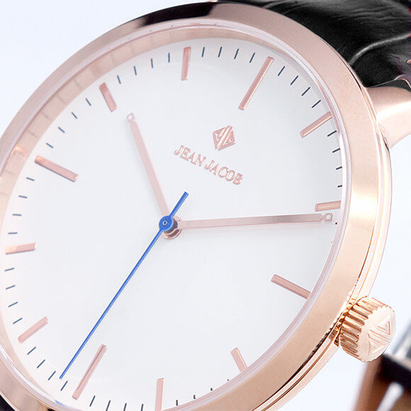 close up view London Classic Rose Gold black strap close up view